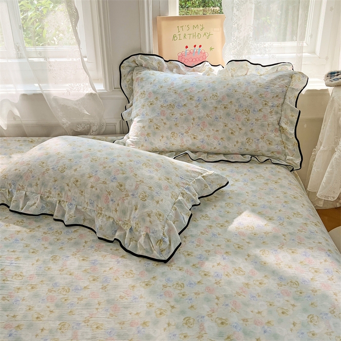 91家纺网 家纺一手货源 找家纺 梦舒羽 2025新款皱皱双层纱印花床单春日初见-印花床单