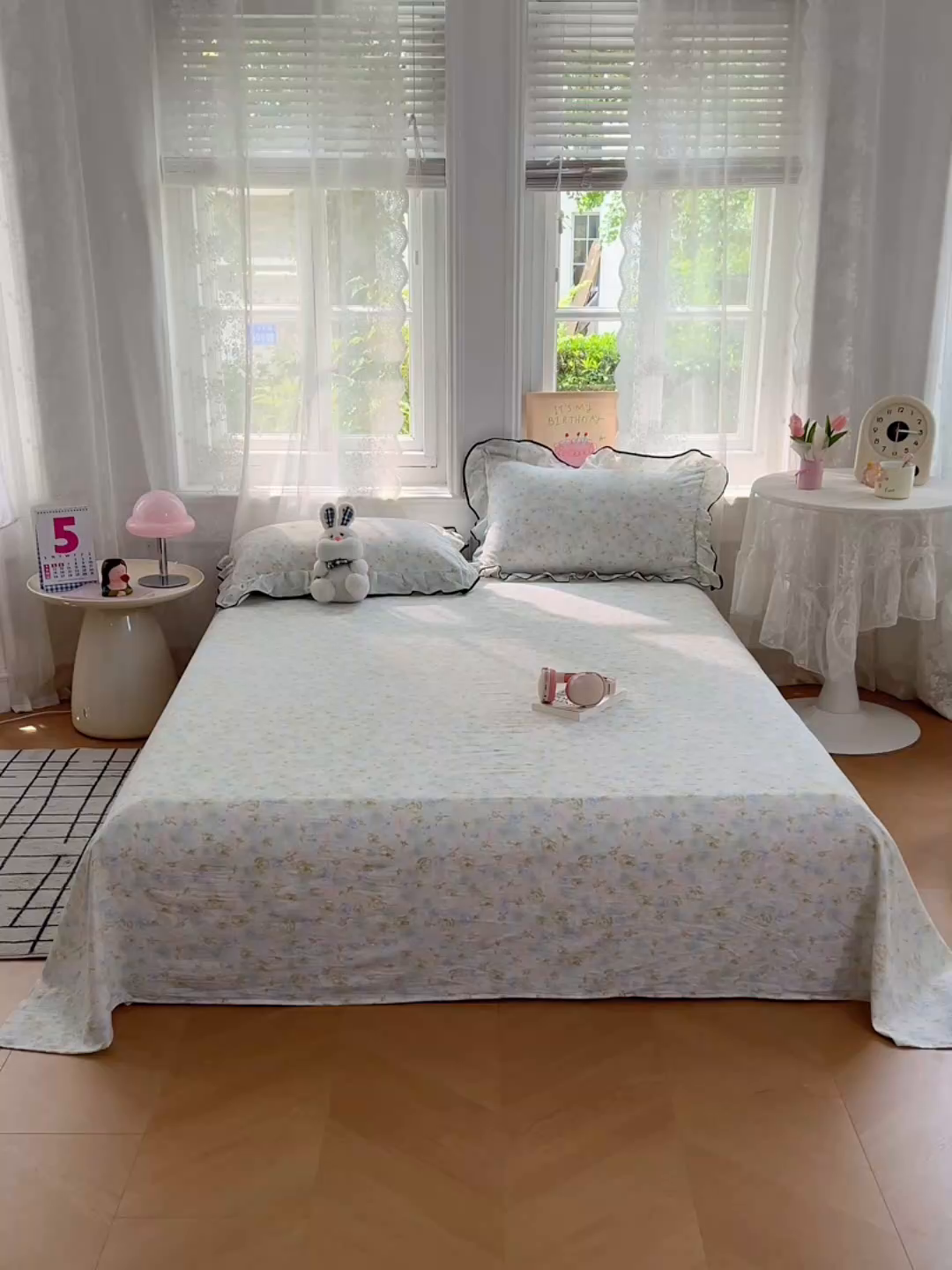 91家纺网 家纺一手货源 找家纺 梦舒羽 2025新款皱皱双层纱印花床单春日初见-印花床单