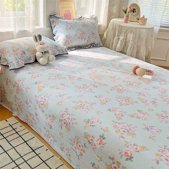 91家纺网 家纺一手货源 找家纺 梦舒羽 2025新款皱皱双层纱印花床单繁花入梦-印花床单