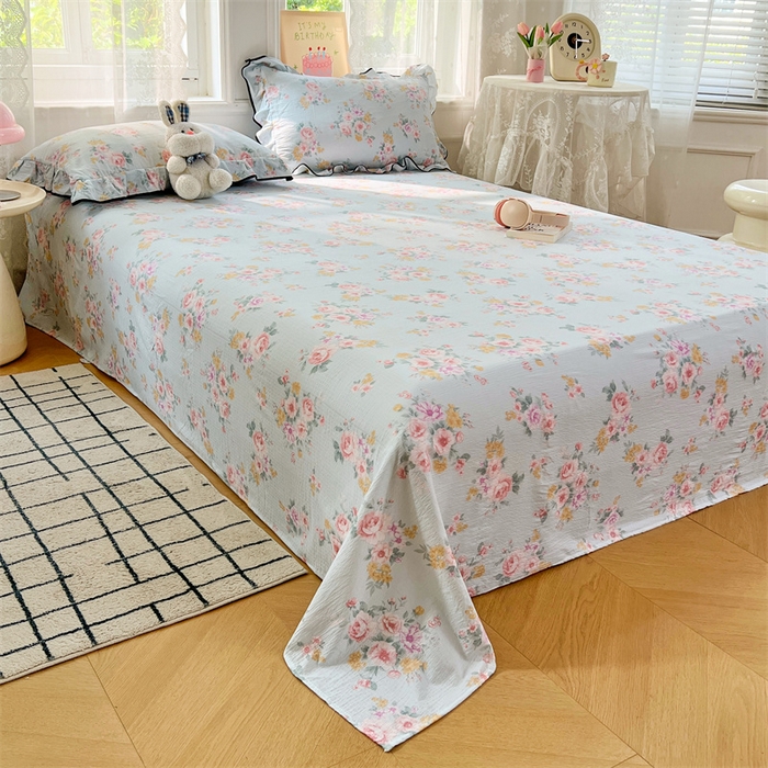 91家纺网 家纺一手货源 找家纺 梦舒羽 2025新款皱皱双层纱印花床单繁花入梦-印花床单