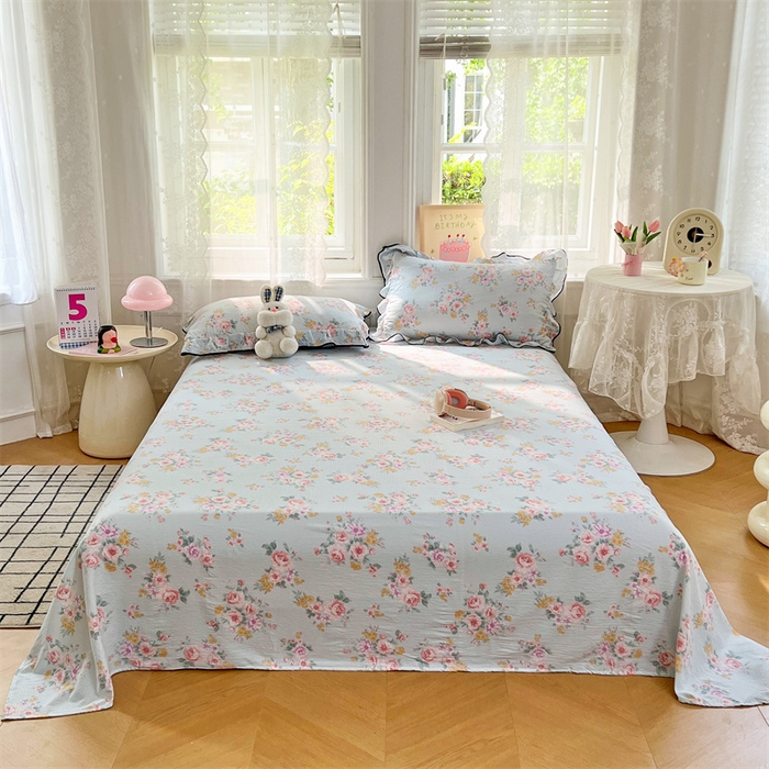 91家纺网 家纺一手货源 找家纺 梦舒羽 2025新款皱皱双层纱印花床单繁花入梦-印花床单