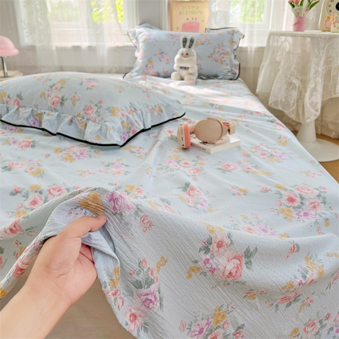 91家纺网 家纺一手货源 找家纺 梦舒羽 2025新款皱皱双层纱印花床单繁花入梦-印花床单