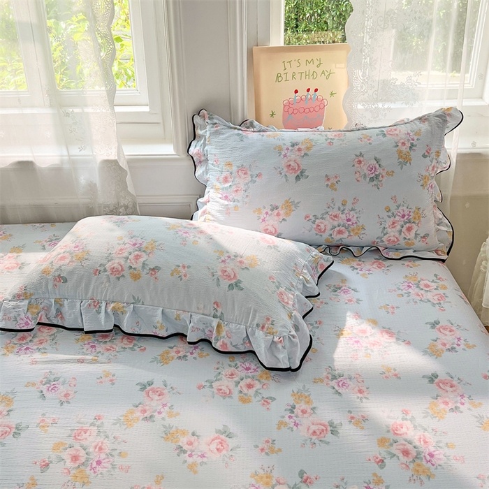 91家纺网 家纺一手货源 找家纺 梦舒羽 2025新款皱皱双层纱印花床单繁花入梦-印花床单