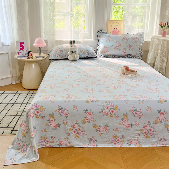 91家纺网 家纺一手货源 找家纺 梦舒羽 2025新款皱皱双层纱印花床单繁花入梦-印花床单