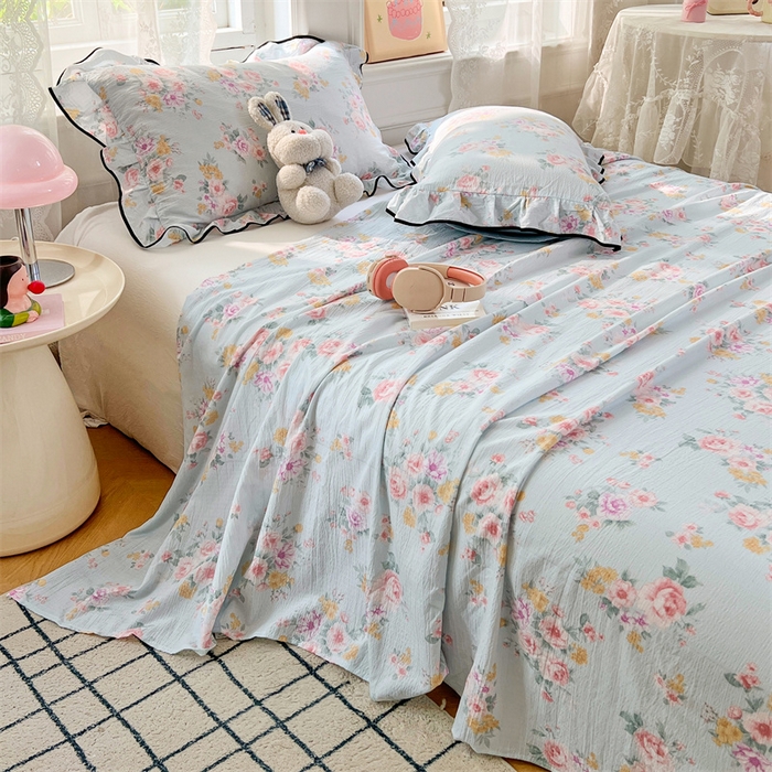 91家纺网 家纺一手货源 找家纺 梦舒羽 2025新款皱皱双层纱印花床单繁花入梦-印花床单