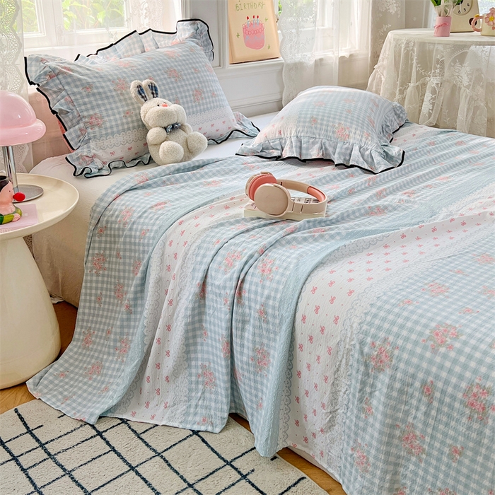 91家纺网 家纺一手货源 找家纺 梦舒羽 2025新款皱皱双层纱印花床单浮生若梦-印花床单