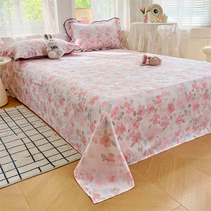 91家纺网 家纺一手货源 找家纺 梦舒羽 2025新款皱皱双层纱印花床单倾城之恋-印花床单