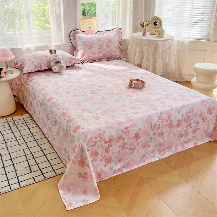 91家纺网 家纺一手货源 找家纺 梦舒羽 2025新款皱皱双层纱印花床单倾城之恋-印花床单