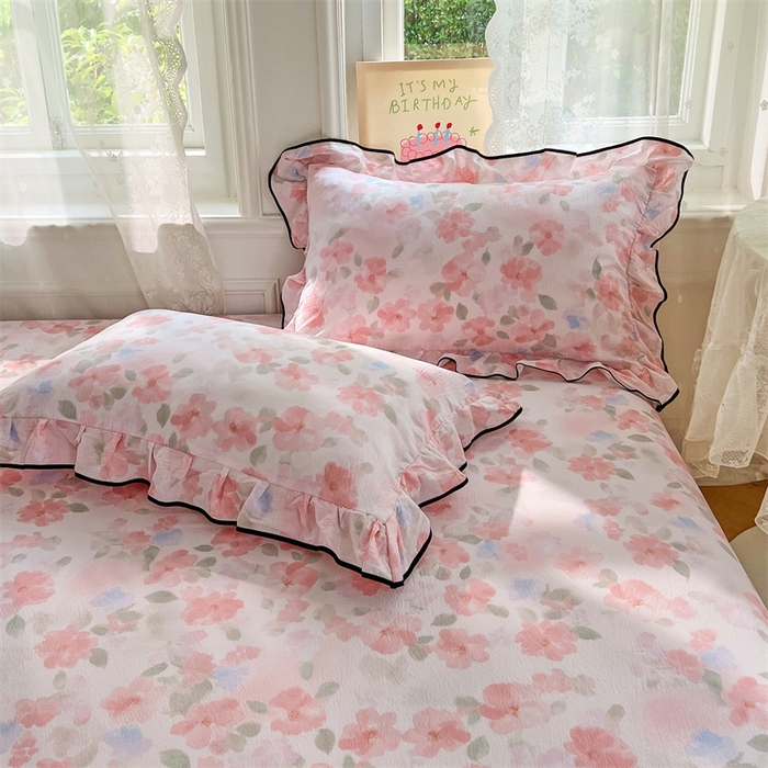 91家纺网 家纺一手货源 找家纺 梦舒羽 2025新款皱皱双层纱印花床单倾城之恋-印花床单