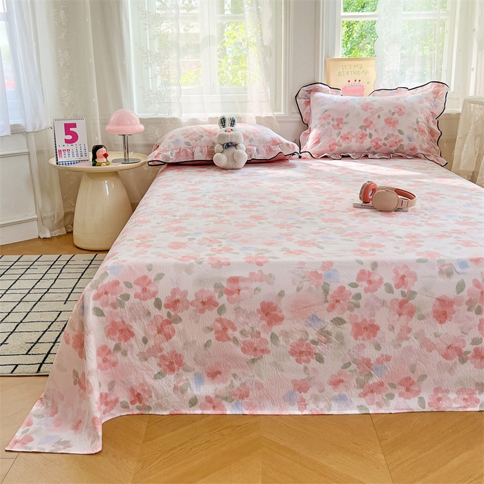 91家纺网 家纺一手货源 找家纺 梦舒羽 2025新款皱皱双层纱印花床单倾城之恋-印花床单