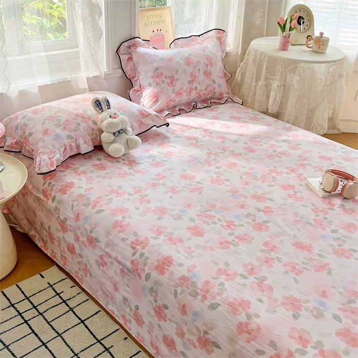 91家纺网 家纺一手货源 找家纺 梦舒羽 2025新款皱皱双层纱印花床单倾城之恋-印花床单