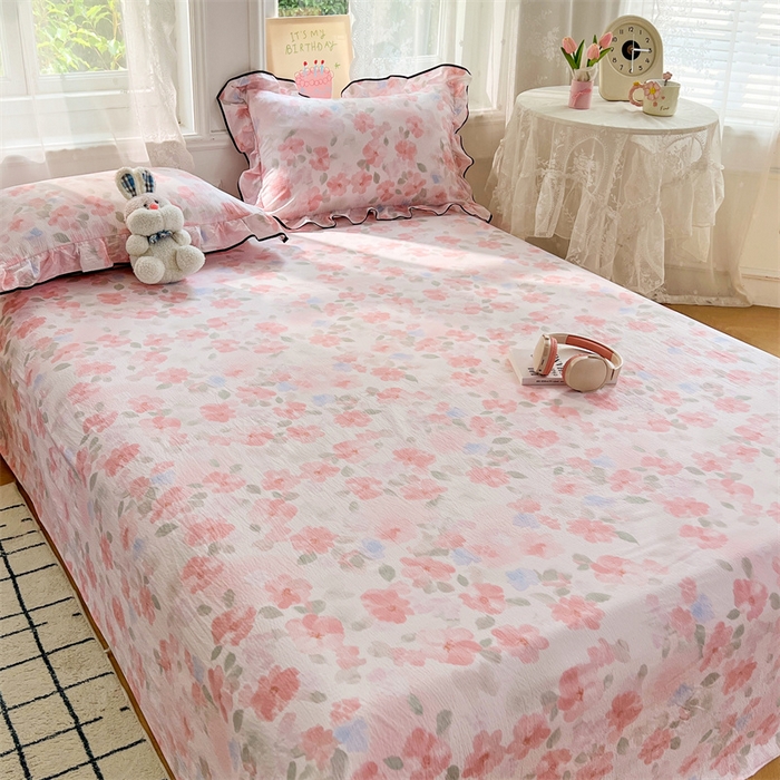 91家纺网 家纺一手货源 找家纺 梦舒羽 2025新款皱皱双层纱印花床单倾城之恋-印花床单