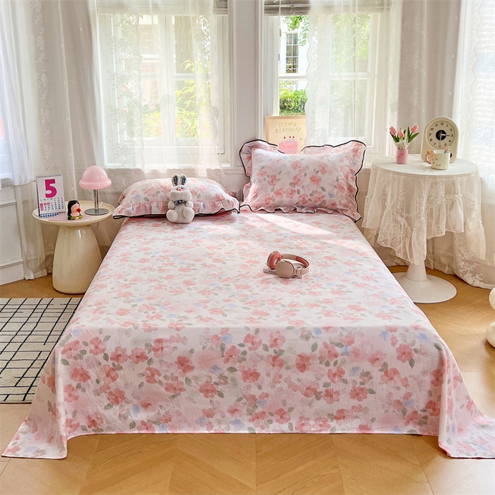 91家纺网 家纺一手货源 找家纺 梦舒羽 2025新款皱皱双层纱印花床单倾城之恋-印花床单