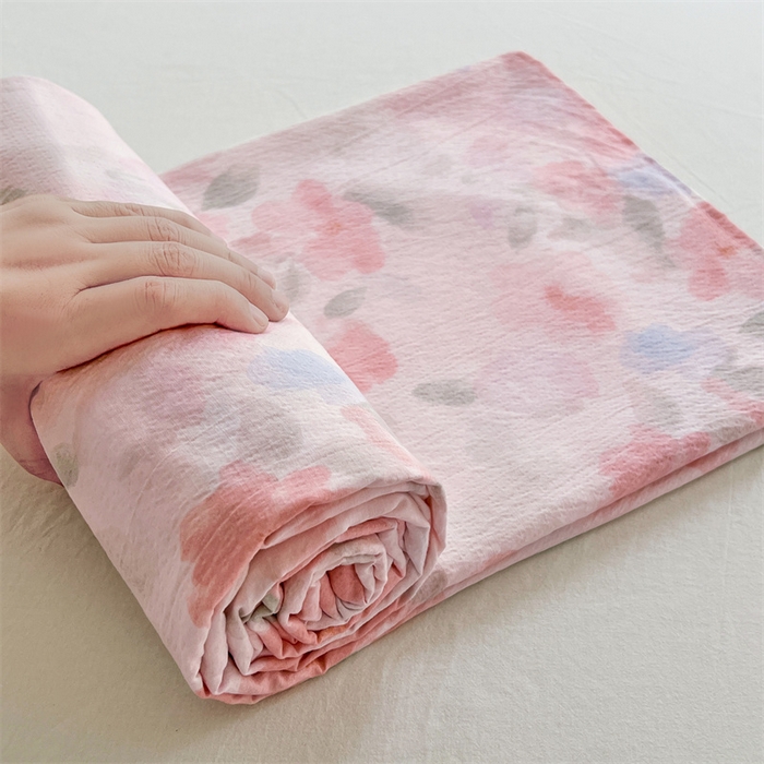 91家纺网 家纺一手货源 找家纺 梦舒羽 2025新款皱皱双层纱印花床单倾城之恋-印花床单