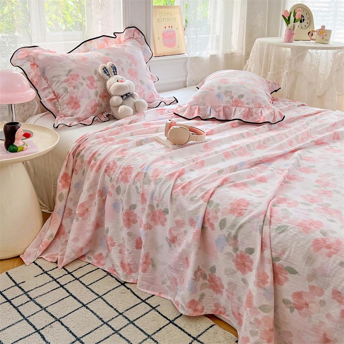 91家纺网 家纺一手货源 找家纺 梦舒羽 2025新款皱皱双层纱印花床单倾城之恋-印花床单