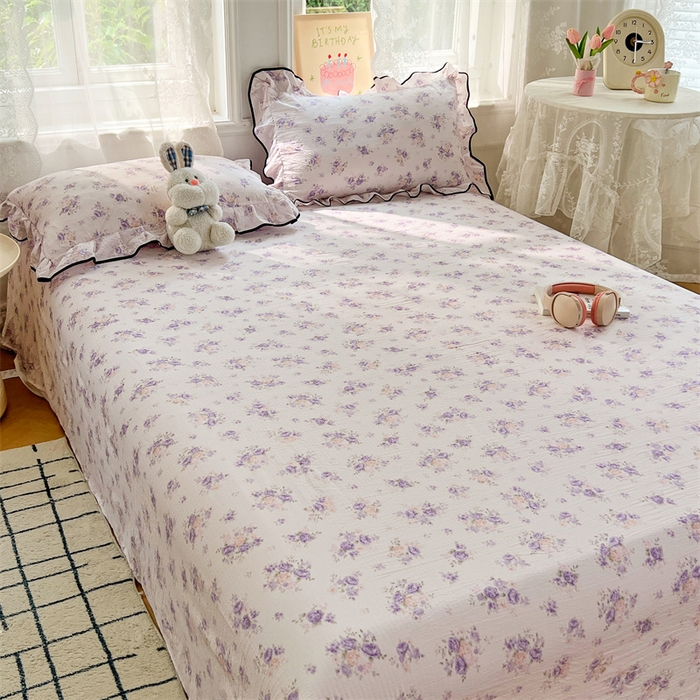 91家纺网 家纺一手货源 找家纺 梦舒羽 2025新款皱皱双层纱印花床单紫薇花园-印花床单