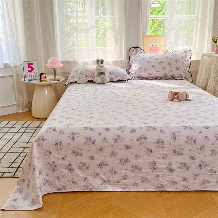 91家纺网 家纺一手货源 找家纺 梦舒羽 2025新款皱皱双层纱印花床单紫薇花园-印花床单