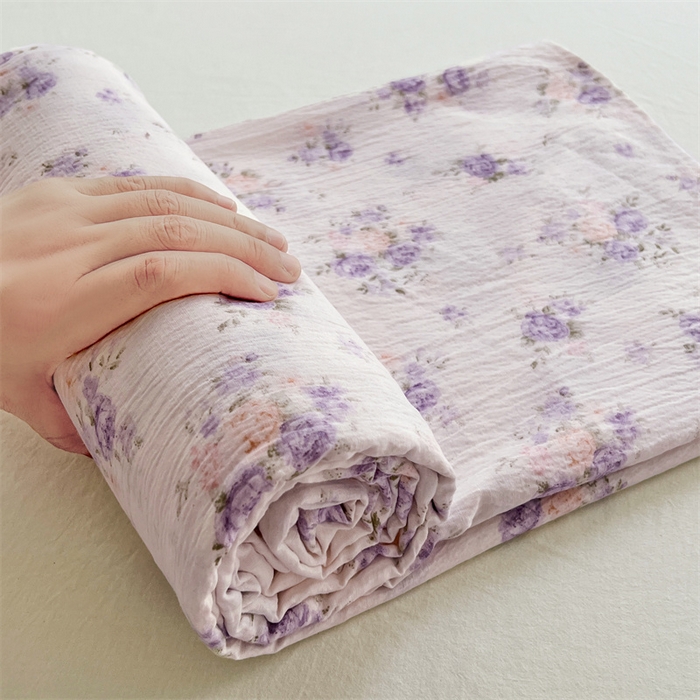 91家纺网 家纺一手货源 找家纺 梦舒羽 2025新款皱皱双层纱印花床单紫薇花园-印花床单