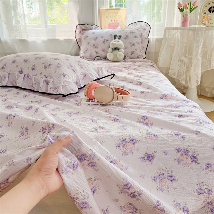 91家纺网 家纺一手货源 找家纺 梦舒羽 2025新款皱皱双层纱印花床单紫薇花园-印花床单