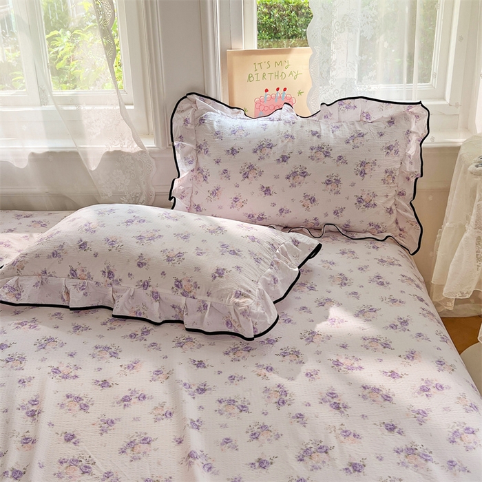 91家纺网 家纺一手货源 找家纺 梦舒羽 2025新款皱皱双层纱印花床单紫薇花园-印花床单