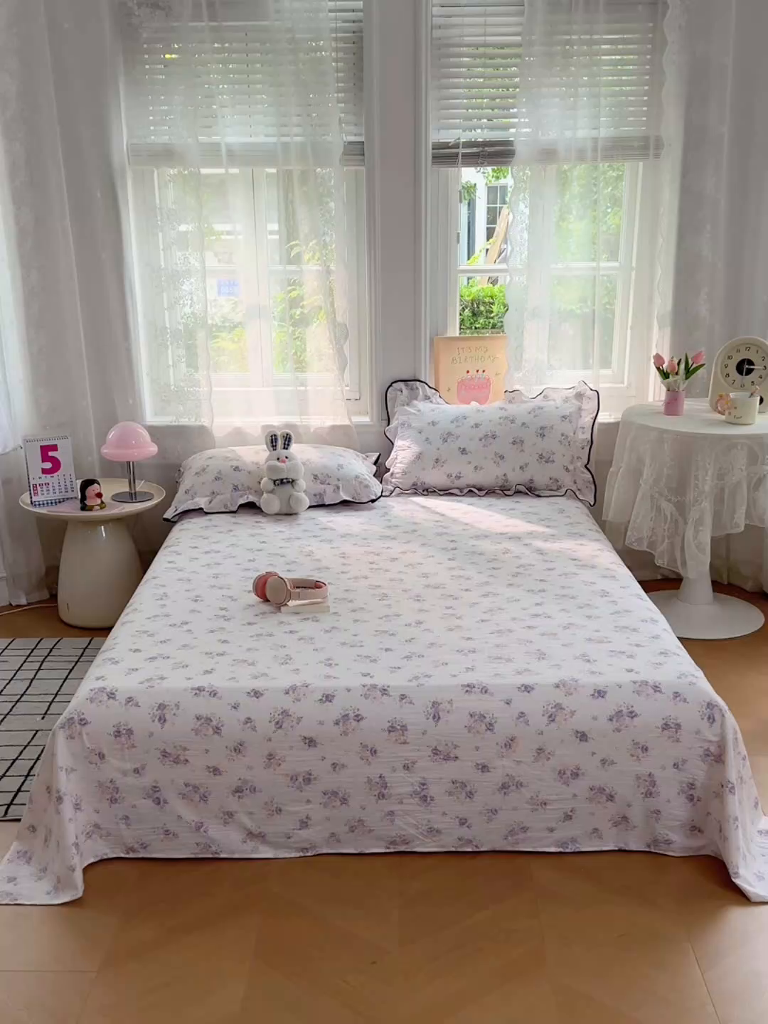 91家纺网 家纺一手货源 找家纺 梦舒羽 2025新款皱皱双层纱印花床单紫薇花园-印花床单
