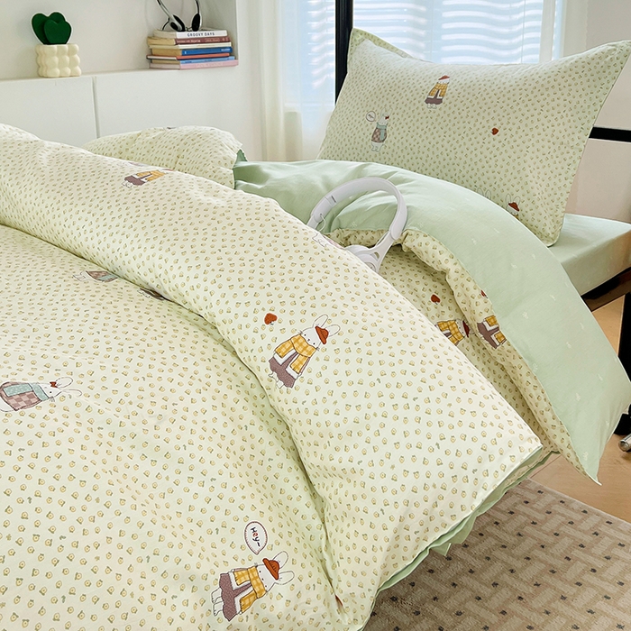 91家纺网 家纺一手货源 找家纺 锦润家纺2025新款全棉13372学生三件套纯棉宿舍六件套 奶萌兔-米