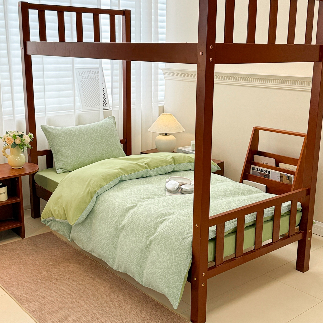 91家纺网 家纺一手货源 找家纺 眠博士 2025新款A类全棉纯棉色织提花三层纱三四件套学生三件套宿舍上下铺 三层纱套件-本色  绿