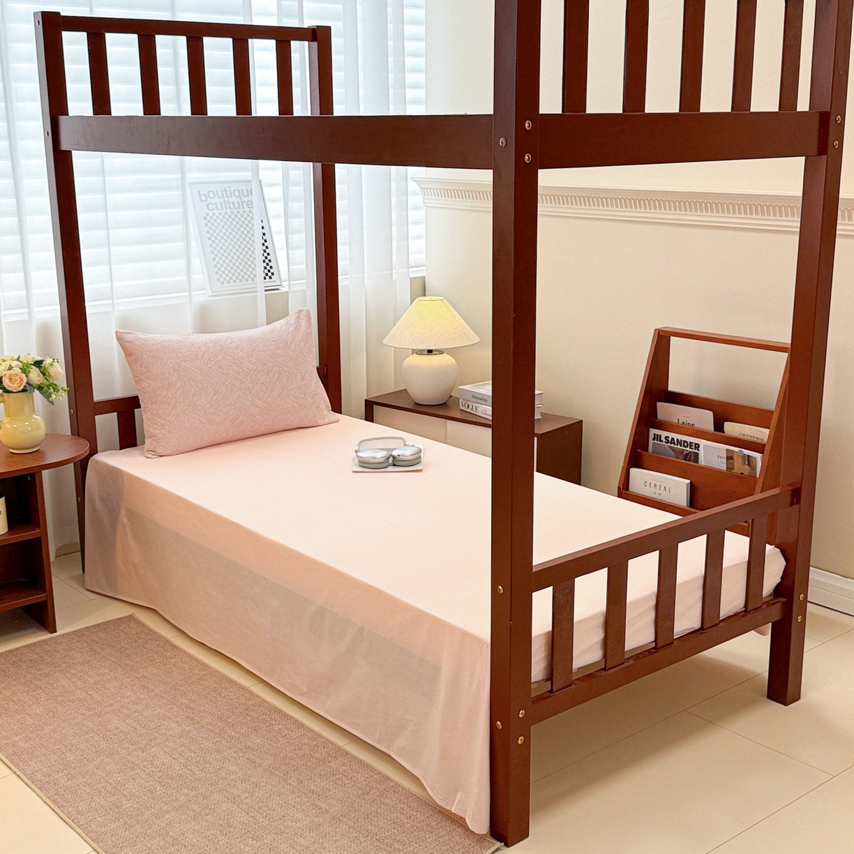 91家纺网 家纺一手货源 找家纺 眠博士 2025新款A类全棉纯棉色织提花三层纱三四件套学生三件套宿舍上下铺 三层纱套件-本色 粉