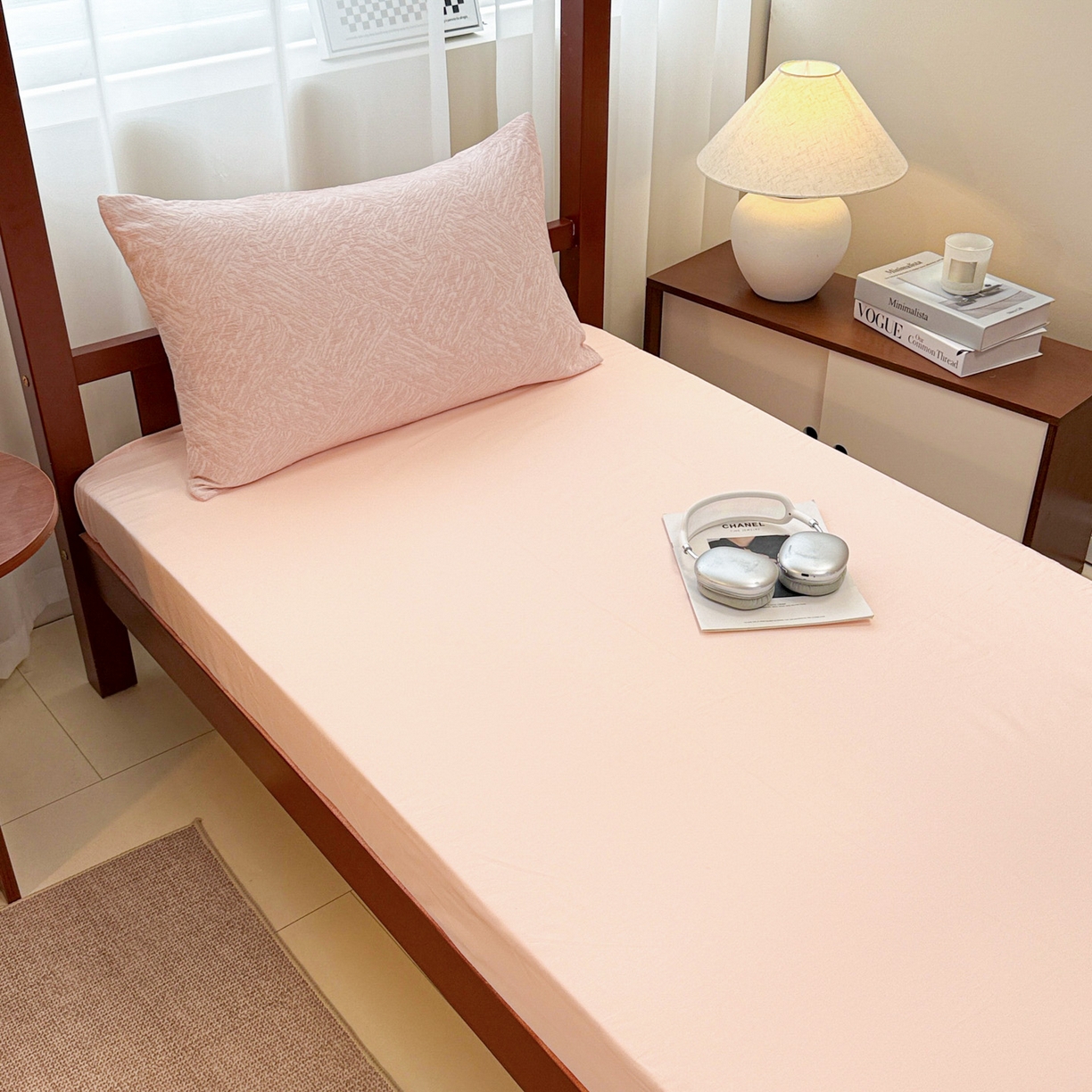 91家纺网 家纺一手货源 找家纺 眠博士 2025新款A类全棉纯棉色织提花三层纱三四件套学生三件套宿舍上下铺 三层纱套件-本色 粉