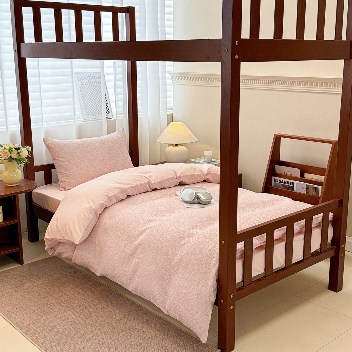 91家纺网 家纺一手货源 找家纺 眠博士 2025新款A类全棉纯棉色织提花三层纱三四件套学生三件套宿舍上下铺 三层纱套件-本色 粉