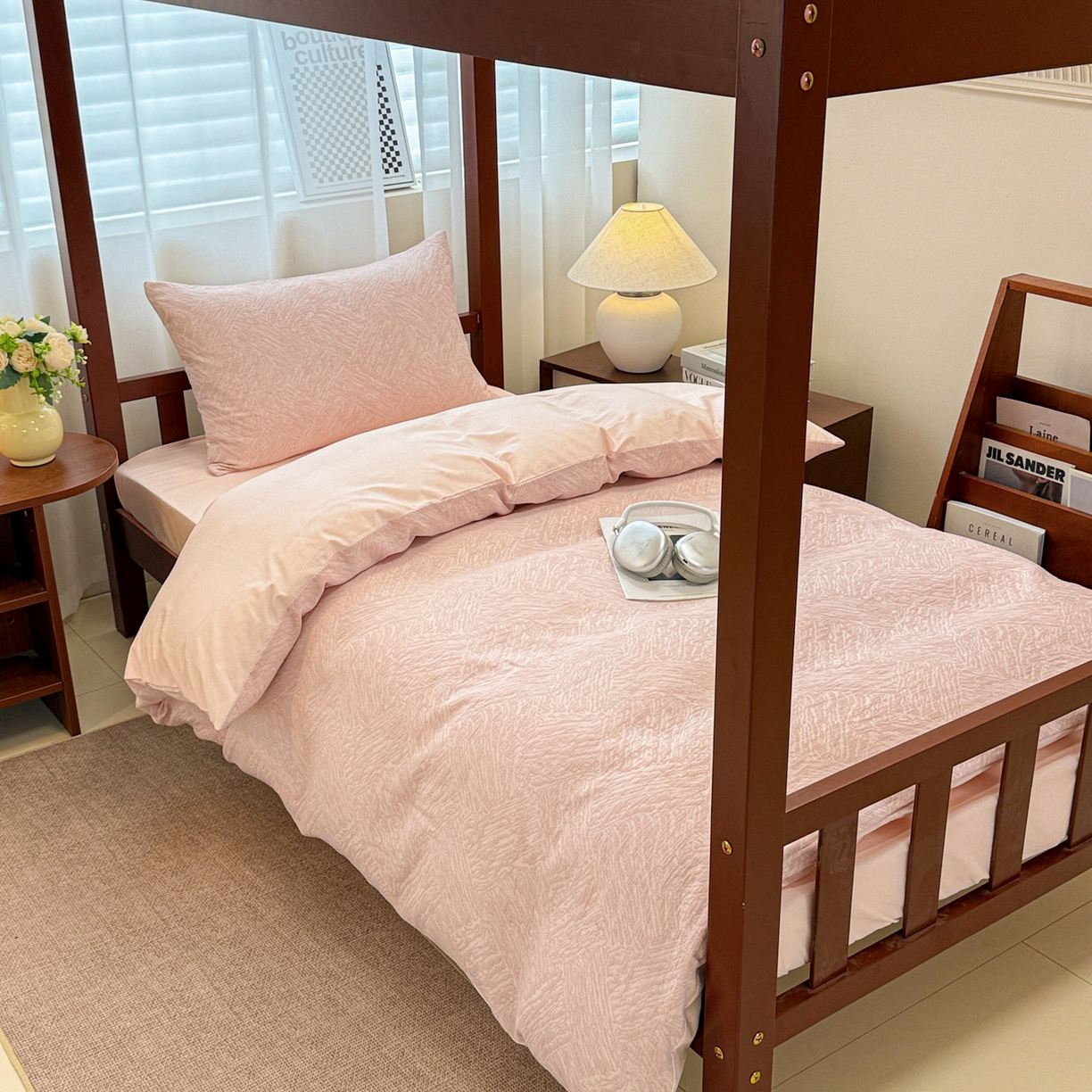 91家纺网 家纺一手货源 找家纺 眠博士 2025新款A类全棉纯棉色织提花三层纱三四件套学生三件套宿舍上下铺 三层纱套件-本色 粉