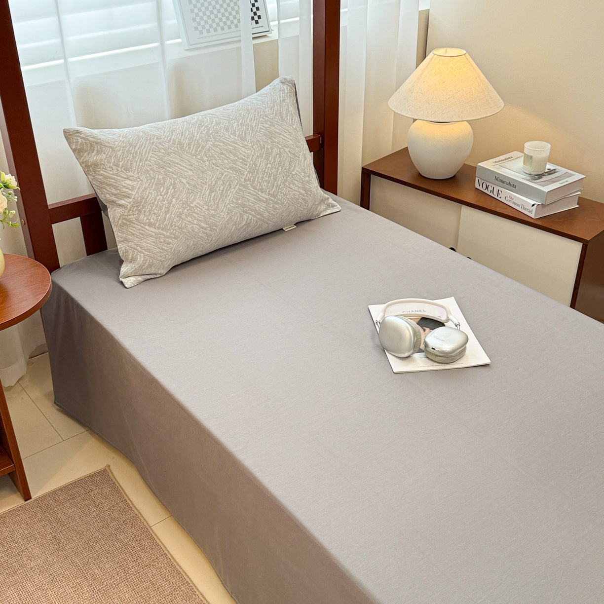 91家纺网 家纺一手货源 找家纺 眠博士 2025新款A类全棉纯棉色织提花三层纱三四件套学生三件套宿舍上下铺 三层纱套件-本色 灰