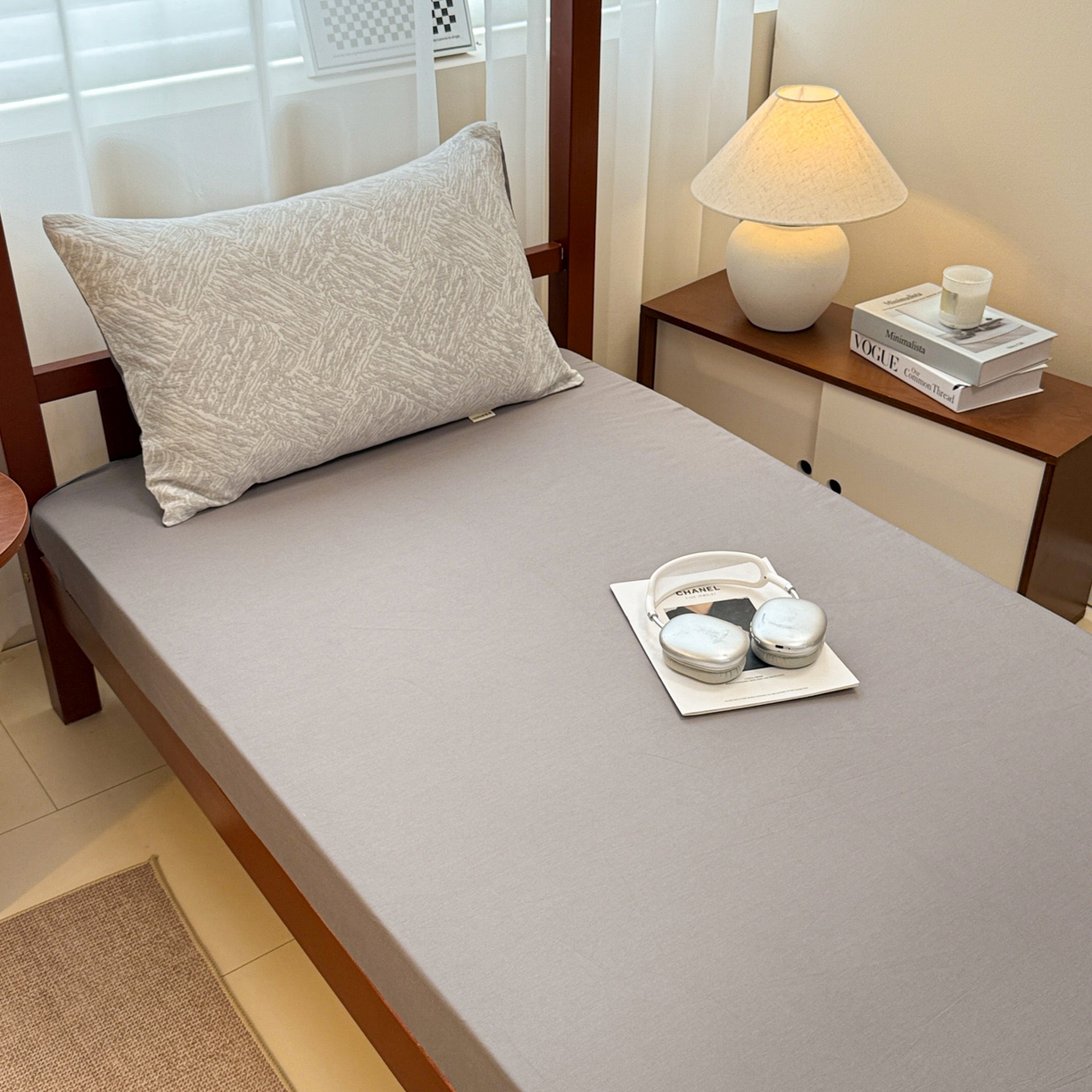 91家纺网 家纺一手货源 找家纺 眠博士 2025新款A类全棉纯棉色织提花三层纱三四件套学生三件套宿舍上下铺 三层纱套件-本色 灰