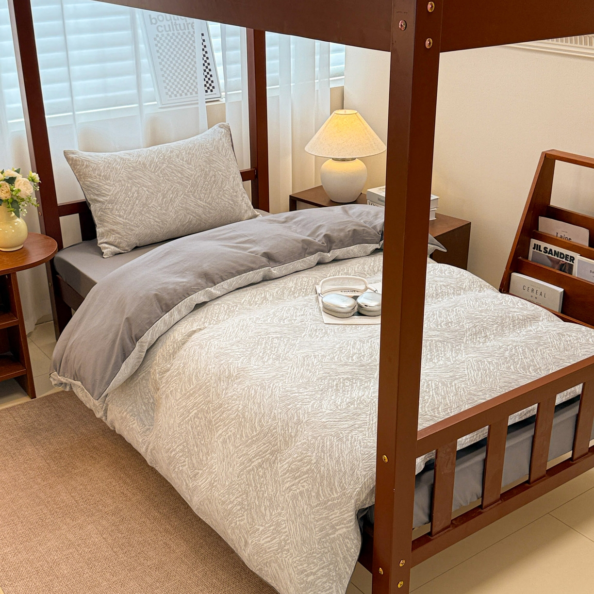 91家纺网 家纺一手货源 找家纺 眠博士 2025新款A类全棉纯棉色织提花三层纱三四件套学生三件套宿舍上下铺 三层纱套件-本色 灰