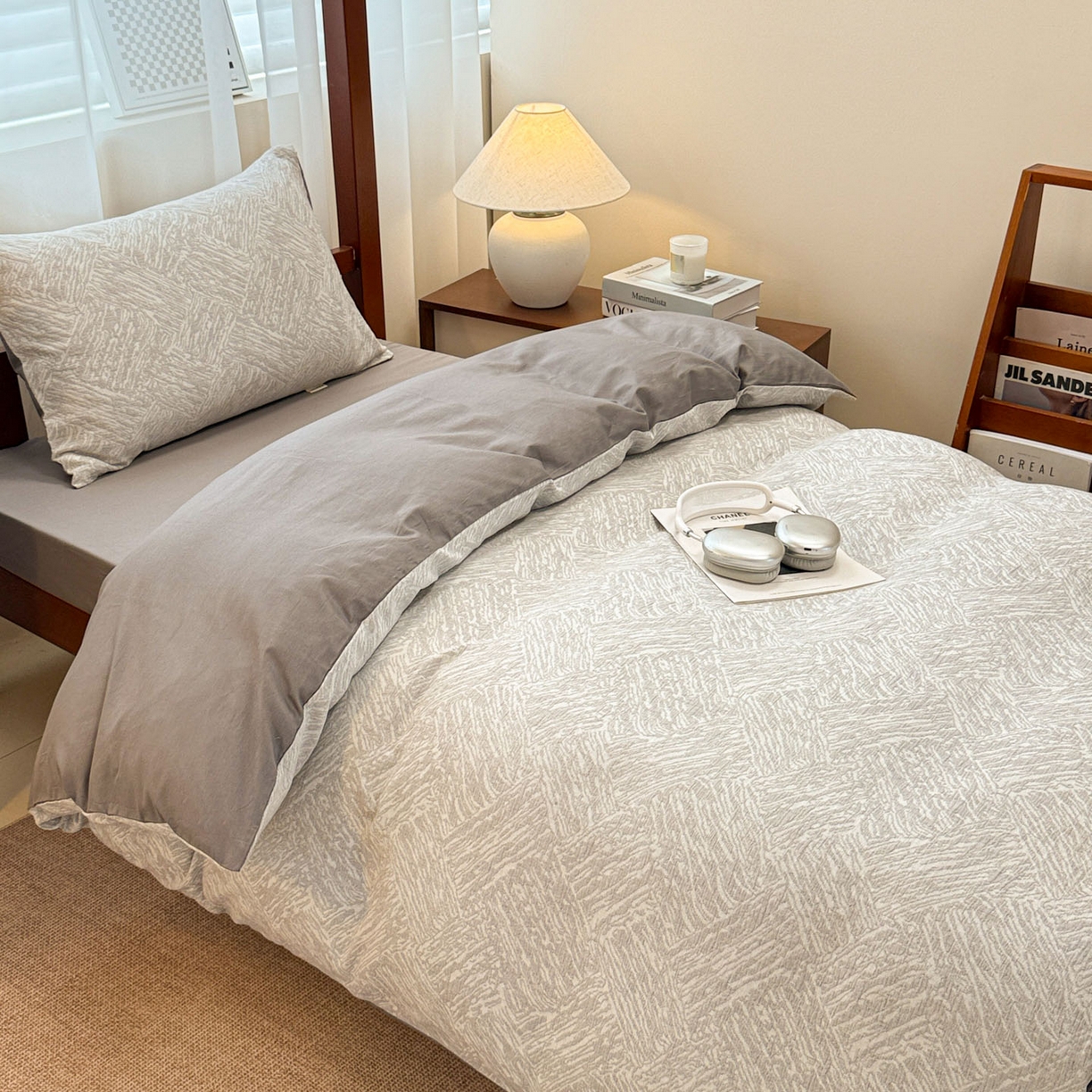 91家纺网 家纺一手货源 找家纺 眠博士 2025新款A类全棉纯棉色织提花三层纱三四件套学生三件套宿舍上下铺 三层纱套件-本色 灰