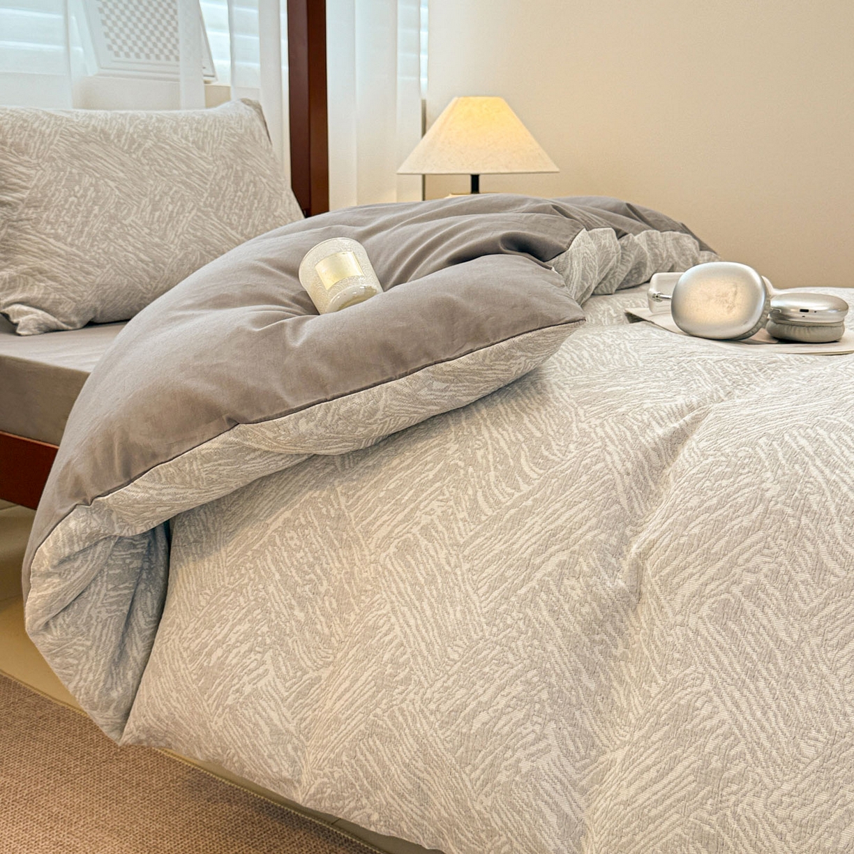 91家纺网 家纺一手货源 找家纺 眠博士 2025新款A类全棉纯棉色织提花三层纱三四件套学生三件套宿舍上下铺 三层纱套件-本色 灰