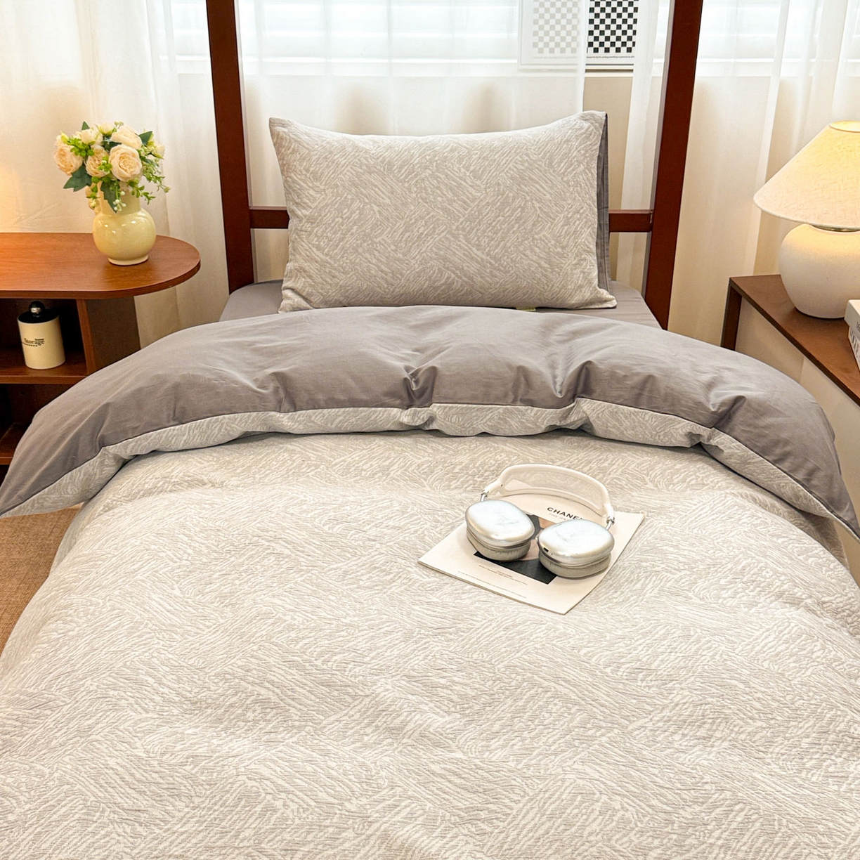 91家纺网 家纺一手货源 找家纺 眠博士 2025新款A类全棉纯棉色织提花三层纱三四件套学生三件套宿舍上下铺 三层纱套件-本色 灰