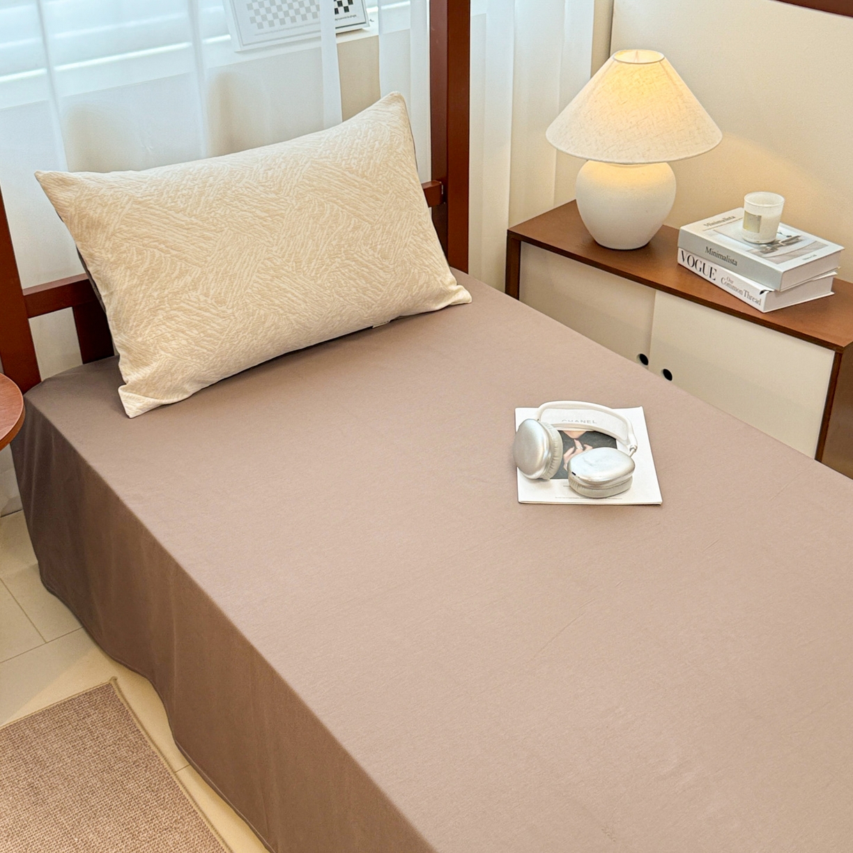 91家纺网 家纺一手货源 找家纺 眠博士 2025新款A类全棉纯棉色织提花三层纱三四件套学生三件套宿舍上下铺 三层纱套件-本色 杏