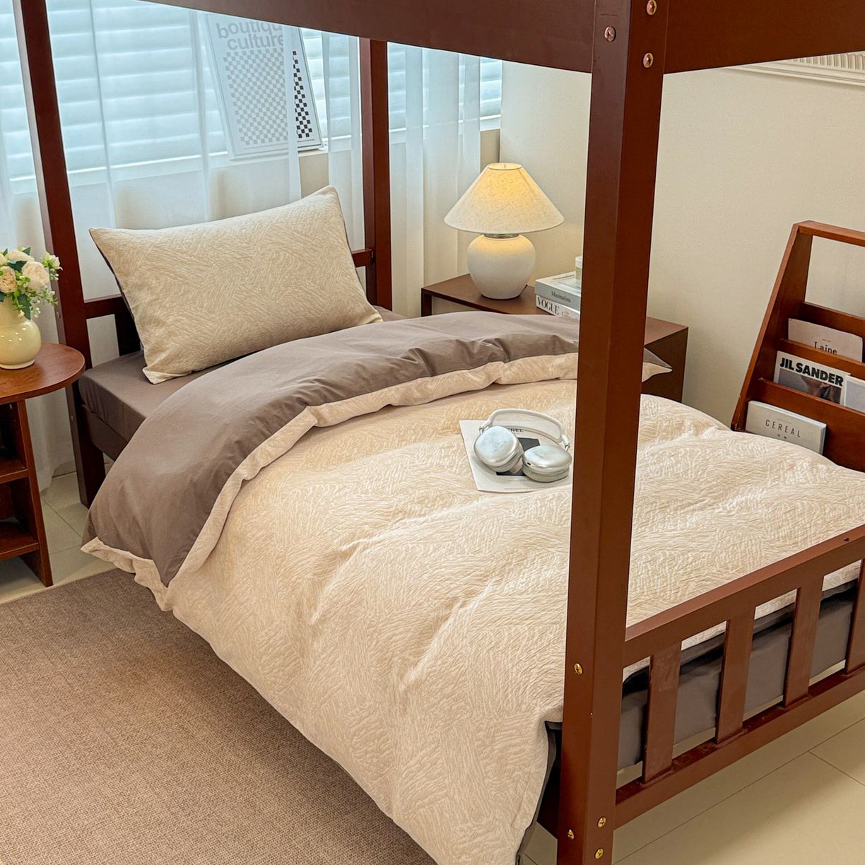 91家纺网 家纺一手货源 找家纺 眠博士 2025新款A类全棉纯棉色织提花三层纱三四件套学生三件套宿舍上下铺 三层纱套件-本色 杏