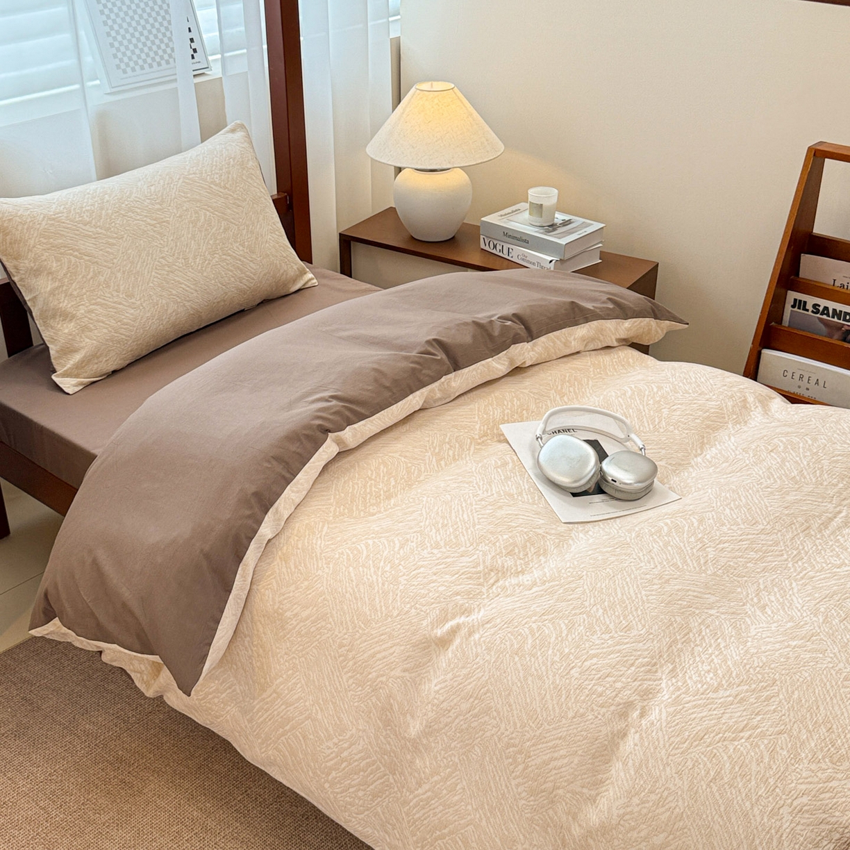 91家纺网 家纺一手货源 找家纺 眠博士 2025新款A类全棉纯棉色织提花三层纱三四件套学生三件套宿舍上下铺 三层纱套件-本色 杏