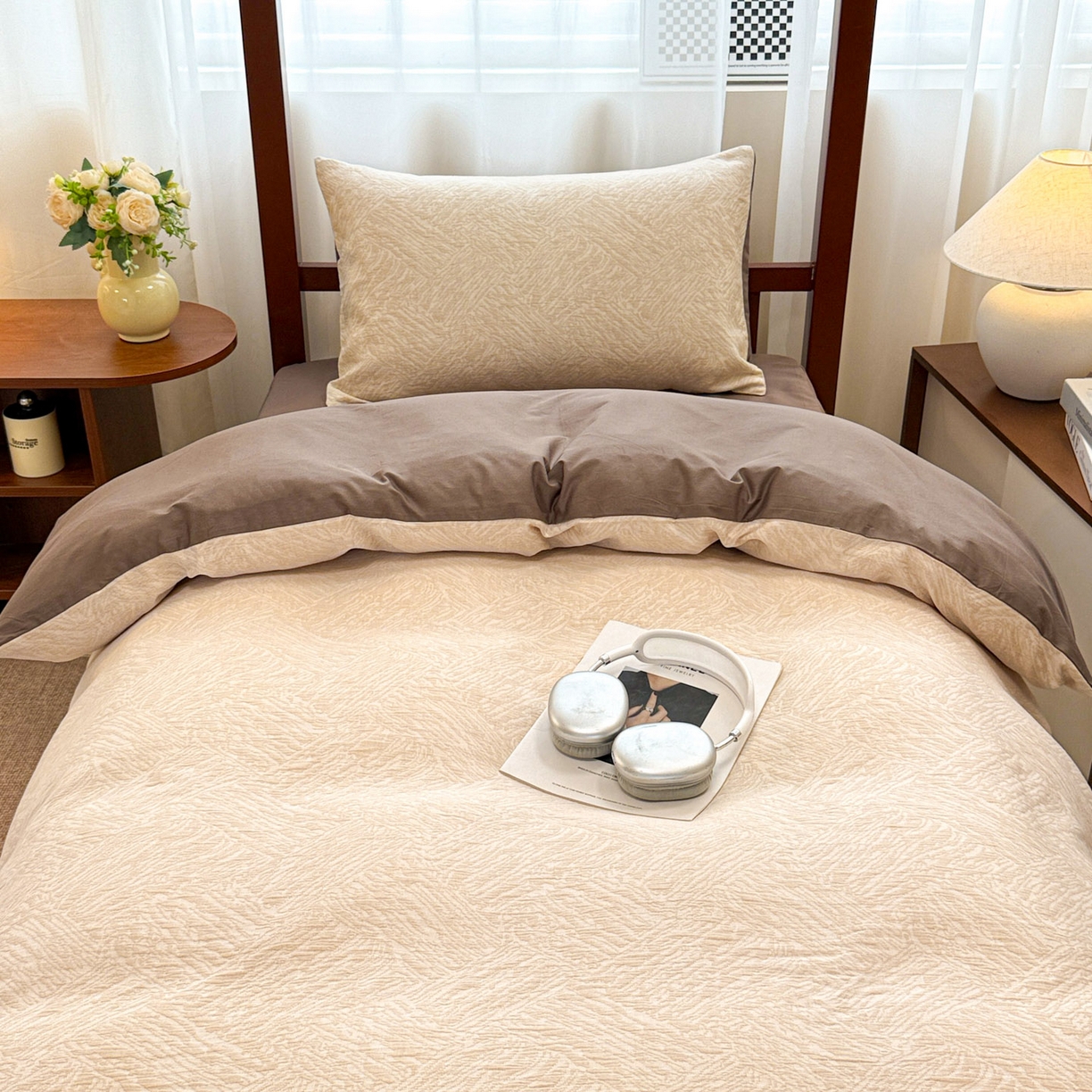 91家纺网 家纺一手货源 找家纺 眠博士 2025新款A类全棉纯棉色织提花三层纱三四件套学生三件套宿舍上下铺 三层纱套件-本色 杏