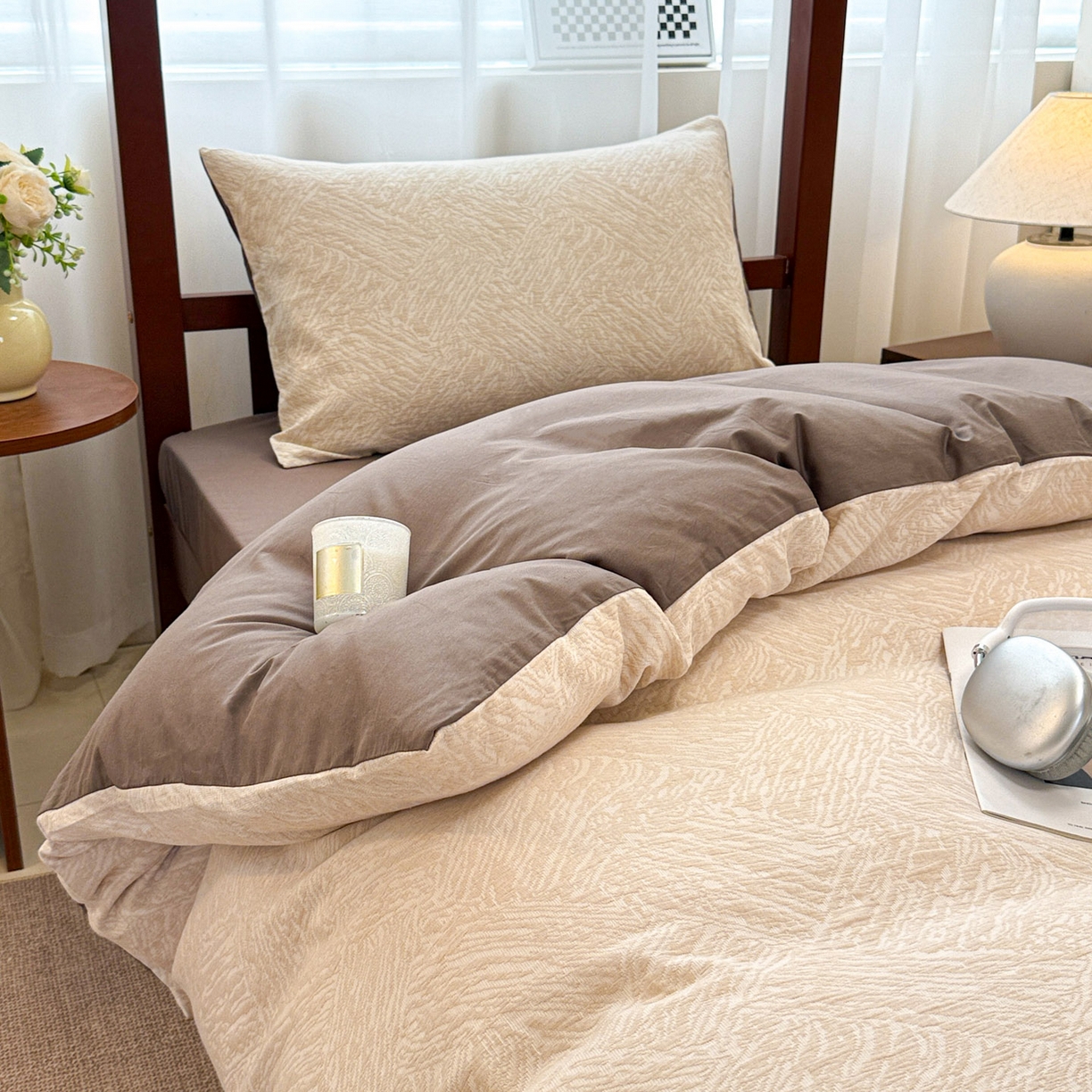 91家纺网 家纺一手货源 找家纺 眠博士 2025新款A类全棉纯棉色织提花三层纱三四件套学生三件套宿舍上下铺 三层纱套件-本色 杏