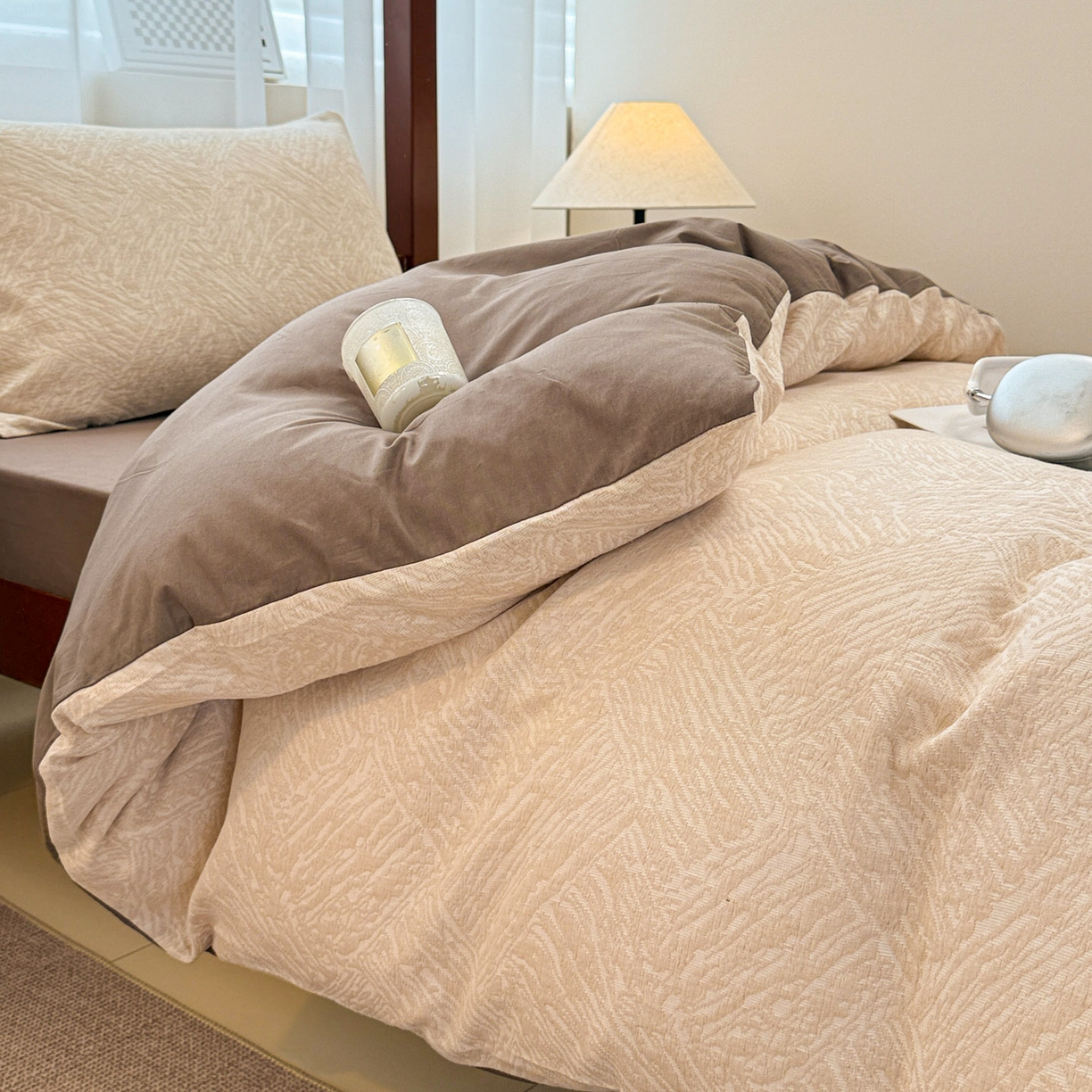 91家纺网 家纺一手货源 找家纺 眠博士 2025新款A类全棉纯棉色织提花三层纱三四件套学生三件套宿舍上下铺 三层纱套件-本色 杏