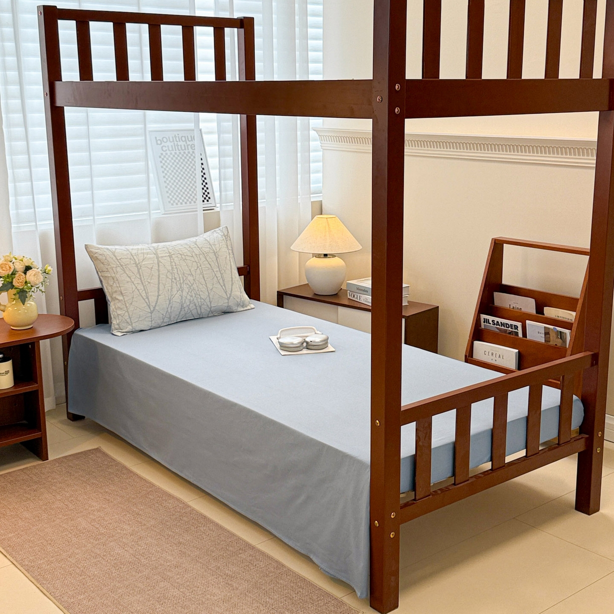 91家纺网 家纺一手货源 找家纺 眠博士 2025新款A类全棉纯棉色织提花三层纱三四件套学生三件套宿舍上下铺 三层纱套件-春枝-蓝