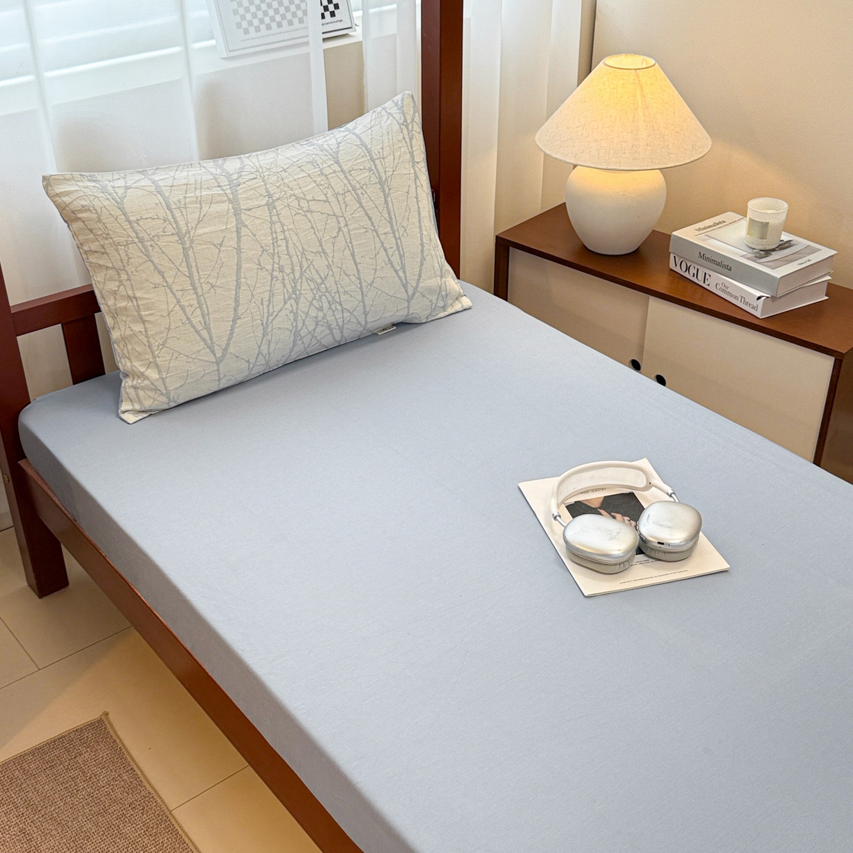 91家纺网 家纺一手货源 找家纺 眠博士 2025新款A类全棉纯棉色织提花三层纱三四件套学生三件套宿舍上下铺 三层纱套件-春枝-蓝