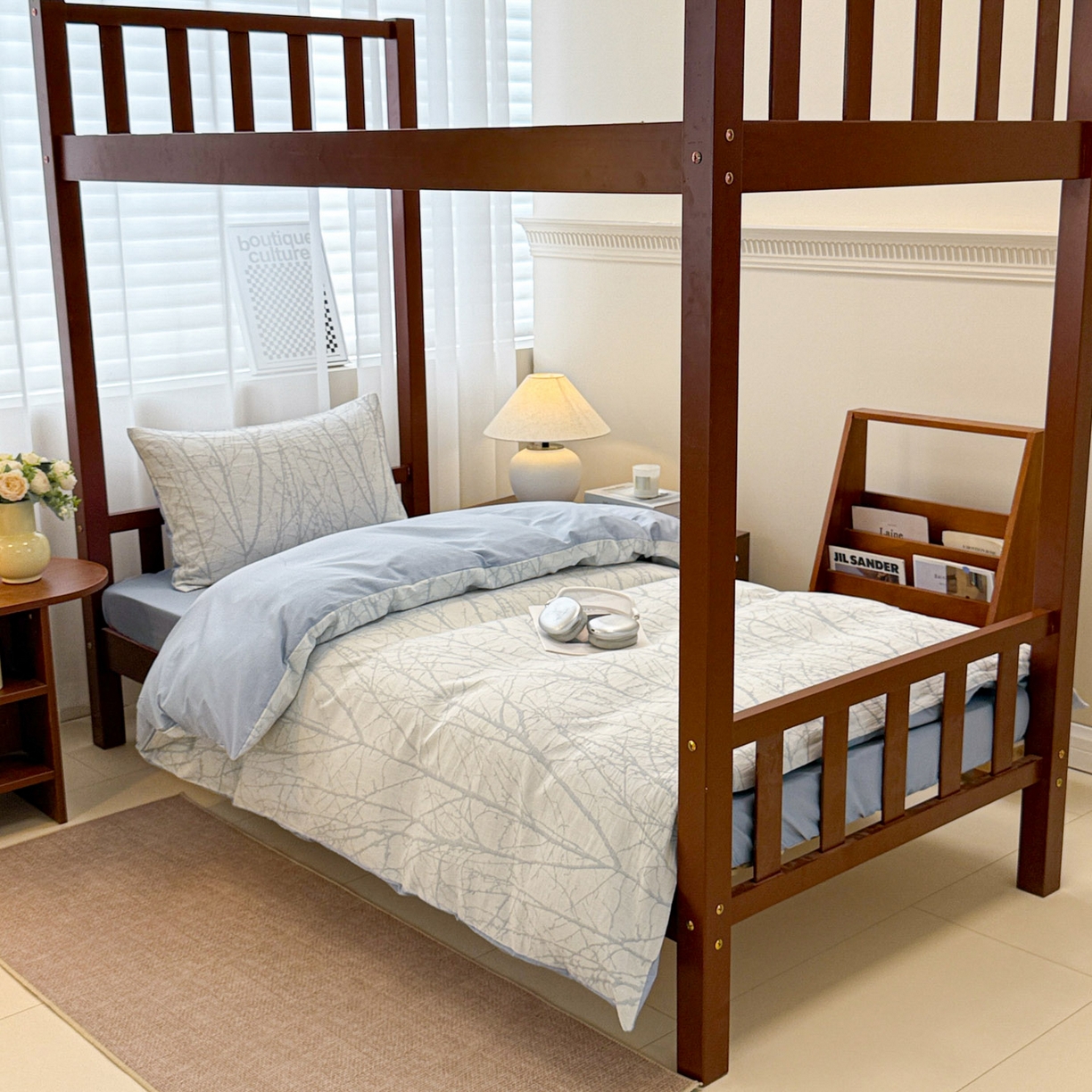 91家纺网 家纺一手货源 找家纺 眠博士 2025新款A类全棉纯棉色织提花三层纱三四件套学生三件套宿舍上下铺 三层纱套件-春枝-蓝