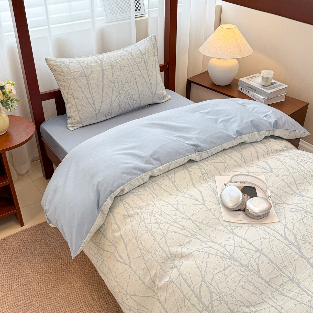 91家纺网 家纺一手货源 找家纺 眠博士 2025新款A类全棉纯棉色织提花三层纱三四件套学生三件套宿舍上下铺 三层纱套件-春枝-蓝