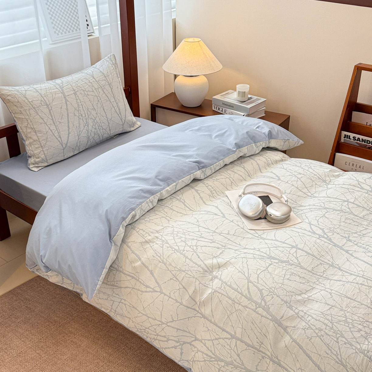 91家纺网 家纺一手货源 找家纺 眠博士 2025新款A类全棉纯棉色织提花三层纱三四件套学生三件套宿舍上下铺 三层纱套件-春枝-蓝