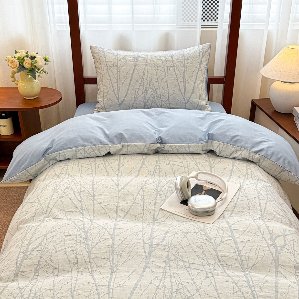 91家纺网 家纺一手货源 找家纺 眠博士 2025新款A类全棉纯棉色织提花三层纱三四件套学生三件套宿舍上下铺 三层纱套件-春枝-蓝