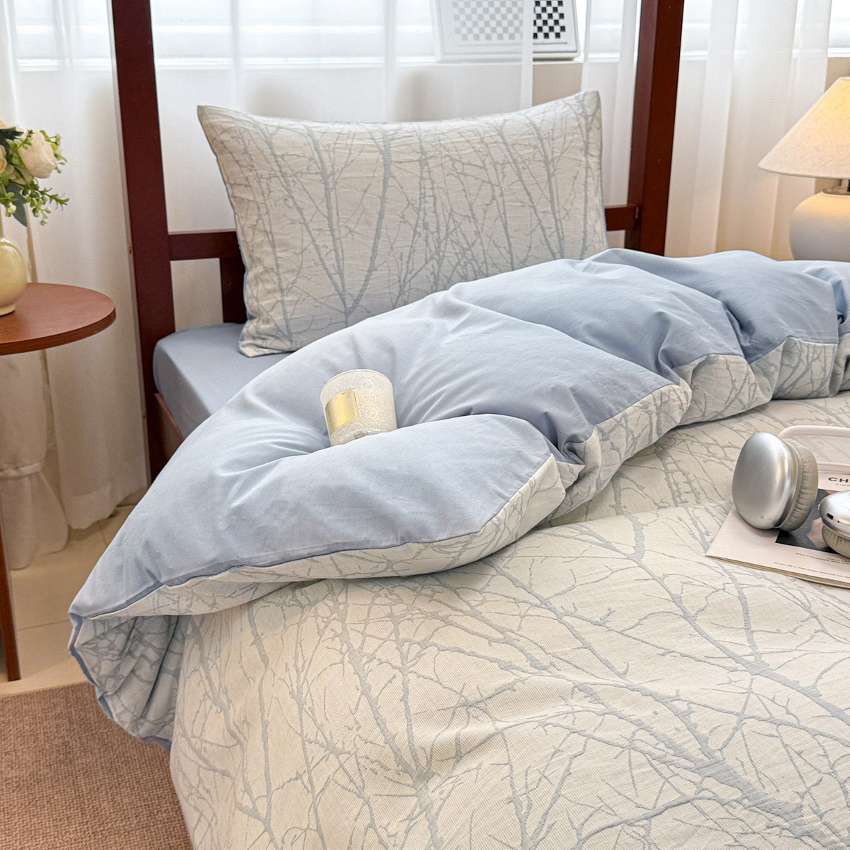 91家纺网 家纺一手货源 找家纺 眠博士 2025新款A类全棉纯棉色织提花三层纱三四件套学生三件套宿舍上下铺 三层纱套件-春枝-蓝